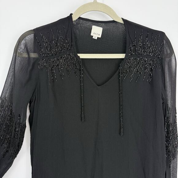 ecru Beaded Chiffon Top Women size XS Black Long sleeve Pullover - Picture 5 of 10